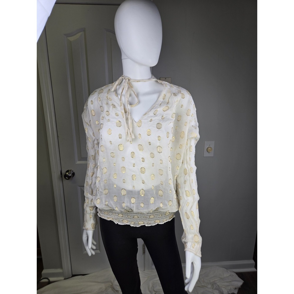 Michael Kors Cream Gold Dot Silk Blend Tie‎ Neck Smock Blouse Top Sheer small S